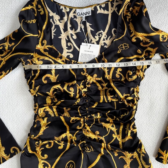 NWT Ganni Silk Stretch Blouse U-neck Gathered Fitted Black & Gold Baroque - Picture 11 of 16